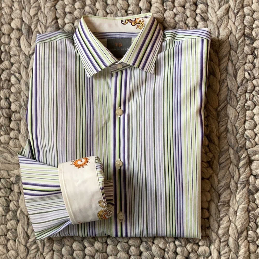 Thomas Dean purple:green stripe shirt with contrasting cuffs and collar